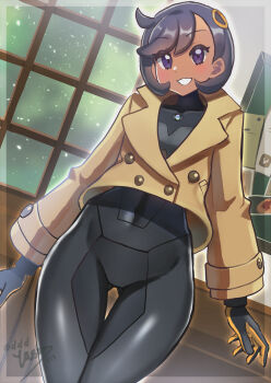 absurdres black_bodysuit black_hair bodysuit bodysuit_under_clothes brown_jacket covered_navel cowboy_shot cropped_jacket dark-skinned_female dark_skin emma_(pokemon) gloves hair_ornament highres indoors jacket long_sleeves looking_at_viewer mega_stone nintendo pokemon pokemon_legends:_z-a purple_eyes short_hair smile thighs two-tone_gloves yasu_suupatenin
