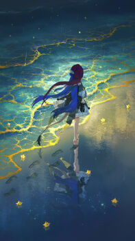 Rule 34 | 1girl, absurdres, alternate costume, banjie, beach, black dress, blue hair, chinese commentary, commentary request, doremy sweet, dress, facing away, footprints, from behind, full body, hat, highres, long hair, long sleeves, nightcap, ocean, partial commentary, pointy ears, rain, red hat, sand, solo, tail, tapir tail, touhou, two-tone dress, very long hair, walking, white dress