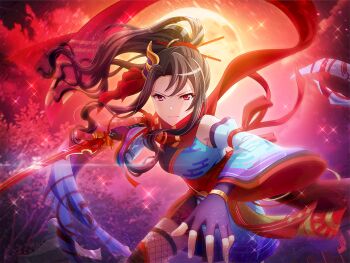 1girl akikaze_rui black_hair blue_kimono blue_sleeves bracelet closed_mouth detached_sleeves egasumi fingerless_gloves fishnet_thighhighs fishnets game_cg gloves hair_ornament holding holding_sword holding_weapon japanese_clothes jewelry kimono long_hair looking_at_viewer official_art parted_bangs ponytail purple_gloves red_eyes red_scarf scarf shoujo_kageki_revue_starlight shoujo_kageki_revue_starlight_-re_live- sidelocks solo sword thighhighs upper_body v-shaped_eyebrows wavy_hair weapon wide_sleeves