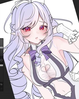 1girl arm_behind_head art_program_in_frame blush bow bowtie breasts cleavage cleavage_cutout clothing_cutout commentary english_commentary frilled_wrist_cuffs frills heart_cutout highres long_hair looking_at_viewer medium_breasts mole mole_under_eye multicolored_hair navel official_alternate_costume one-piece_swimsuit parted_bangs parted_lips pointy_ears purple_bow purple_bowtie purple_hair red_eyes rosheil simple_background solo stomach_cutout streaked_hair swimsuit two-tone_one-piece_swimsuit upper_body vivian_banshee vivian_banshee_(iris_of_the_shore) white_background white_one-piece_swimsuit wrist_cuffs zenless_zone_zero