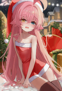 Rule 34 | 1girl, :o, absurdres, ahoge, blue archive, blush, box, brown thighhighs, chii (k ung), collarbone, commentary, dress, drooling, fur-trimmed dress, fur trim, gift, gift box, hair flaps, halo, hat, heterochromia, highres, hoshino (blue archive), long hair, looking at viewer, mouth drool, pink hair, red dress, santa costume, santa hat, snow, snowing, solo, straight hair, strapless, strapless dress, thighhighs, very long hair