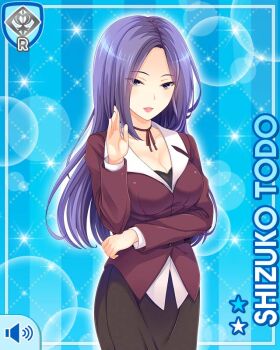 1girl blue_background breasts card character_name cleavage dress female_focus girlfriend_(kari) jacket leggings long_hair looking_at_viewer matching_hair/eyes official_art open_mouth purple_eyes purple_hair purple_jacket qp:flapper shine smile solo standing tagme teacher todo_shizuko