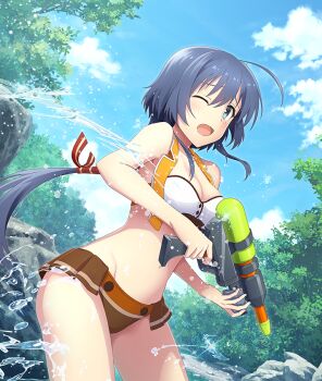 1girl adapted_costume ahoge bare_shoulders bikini blue_eyes blue_hair blue_sky blush breasts cleavage cloud cowboy_shot day game_cg groin hair_ribbon holding holding_water_gun large_breasts long_hair low_ponytail mole mole_under_eye nature navel official_art one_eye_closed open_mouth orange_vest osafune_girls_academy_school_uniform outdoors ponytail red_ribbon ribbon rock school_uniform setouchi_chie sidelocks sky solo sparkle splashing spraying striped_ribbon swimsuit third-party_source toji_no_miko toji_no_miko:_kizamishi_issen_no_tomoshibi tree very_long_hair vest water_fight water_gun white_bikini