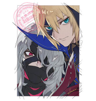 2boys artist_name bandage_over_one_eye bandaged_head bandaged_neck bandages bandages_over_mouth black_bandages blonde_hair border cape closed_mouth collared_cape commentary_request covered_mouth dainsleif_(genshin_impact) elmar eye_mask genshin_impact grey_hair hair_between_eyes half_eye_mask half_mask high_collar male_focus mask medium_hair multiple_boys mystical_high_collar one_eye_covered parted_bangs red_cape red_eyes rerir_(genshin_impact) serious short_hair signature upper_body v-shaped_eyebrows watermark white_border