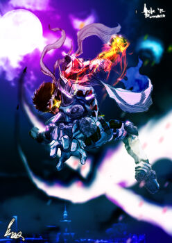 Rule 34 | 1boy, armor, armored boots, armored warriors, blodia, boots, brown hair, capcom, cyberbots, epic, fire, gauntlets, gloves, glowing, glowing eyes, headband, highres, missile, moon, night, outdoors, punching, rayhyuuga, robertoagm, robot, saotome jin, scarf, shoulder spikes, signature, spikes, tagme, weapon