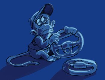 1boy baseball_cap blue_background crying diddy_kong donkey_kong_(series) frown full_body hat highres looking_at_viewer mario_(series) mario_kart mario_kart_wii mario_kart_world monkey monochrome nintendo sitting solo tank_top wii_wheel