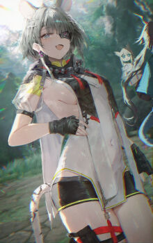 3girls animal_ears arknights arknights:_endfield bird_ears bird_girl black_gloves black_shorts blue_eyes breasts chen_qianyu_(arknights) commentary dragon_girl dragon_horns dragon_tail eastern_dragon_horns eastern_dragon_tail eyepatch fingerless_gloves gloves grey_hair highres horns looking_at_viewer medium_breasts multiple_girls onedr open_mouth perlica_(arknights) shorts sideboob sidelocks solo_focus tail tangtang_(arknights) tiger_ears tiger_girl tiger_tail