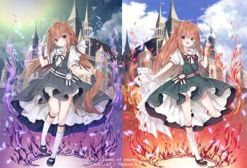 2girls ahoge antenna_hair black_dress black_shoes bow brown_hair castle closed_mouth copyright_notice dress fire green_dress green_eyes hair_bow inugami_kira kurashiki_sera kurosaki_kasuga long_hair low_twintails multicolored_hair multiple_girls neck_ribbon official_art open_mouth purple_ribbon red_ribbon ribbon shirt shoes split_screen standing standing_on_one_leg thighhighs twintails white_bow white_shirt white_thighhighs z/x