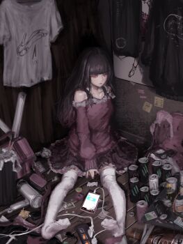 1girl aegyo_sal alcohol arai_bokuseki black_hair bottle_cap dress energy_drink from_above full_body hair_dryer highres indoors long_hair looking_to_the_side messy_room money monster_energy original phone pigeon-toed pink_dress shirt short_dress solo sticky_note t-shirt thighhighs trash trash_can white_thighhighs zettai_ryouiki