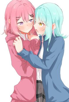 2girls amaori_renako blue_hair blue_jacket blush bow bowtie closed_mouth grey_skirt highres hood hoodie jacket koyanagi_kaho medium_hair multiple_girls nuooooodoomo open_mouth pink_bow pink_bowtie pink_hair pink_hoodie plaid_clothes plaid_skirt pleated_skirt purple_eyes school_uniform shirt simple_background skirt smile watashi_ga_koibito_ni_nareru_wake_naijan_murimuri! white_background white_shirt yellow_eyes yuri