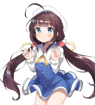 1girl ahoge blue_dress blue_eyes blunt_bangs blush breasts brown_hair buttons closed_mouth collared_dress cowboy_shot dress floating_hair hands_up hat hinatsuru_ai long_hair low_twintails pout ryu_geurim ryuuou_no_oshigoto! sailor_hat short_dress simple_background small_breasts solo twintails v-shaped_eyebrows very_long_hair white_background white_dress white_hat