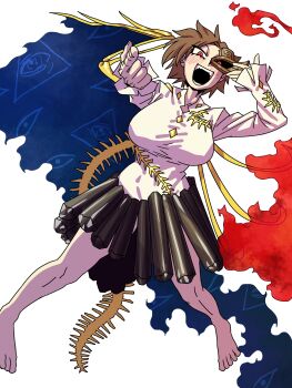 1girl absurdres asymmetrical_wings barefoot bone breasts brown_hair disembodied_eye eddybird55555 fire fossilized_wonders half_mask highres iwanaga_ariya large_breasts mask open_mouth red_eyes short_hair skeletal_wings touhou white_background wings