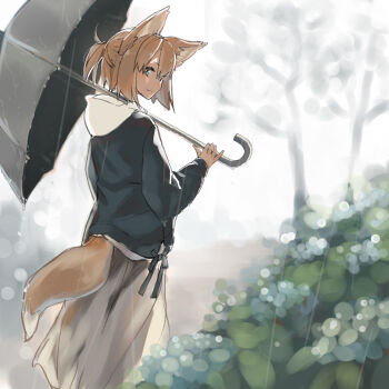 Rule 34 | 1girl, :3, absurdres, animal ears, blonde hair, blue eyes, blurry, blurry background, blurry foreground, bush, commentary request, flower, fox ears, fox girl, fox tail, from behind, half updo, highres, holding, holding umbrella, hood, hood down, hooded jacket, hydrangea, jacket, long sleeves, looking back, original, rain, short hair, skirt, smile, solo, tail, teikiatsu, umbrella