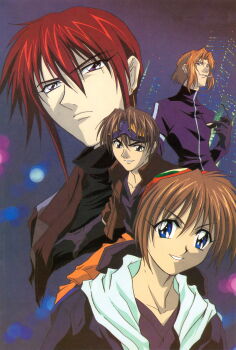 1990s_(style) 4boys absurdres blue_eyes brown_eyes brown_hair cape fujimiya_ran gloves goggles goggles_on_head grin hidaka_ken highres holding holding_removed_eyewear kudou_youji looking_at_viewer magazine_scan male_focus multiple_boys non-web_source official_art orange_hair purple_eyes red_hair retro_artstyle scan smile tsukiyono_omi unworn_eyewear weiss_kreuz