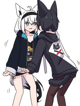 2girls absurdres animal_ears aqua_eyes black_hair black_hoodie black_pantyhose black_shirt black_shorts commentary_request fox_ears fox_girl fox_tail highres hololive hood hoodie looking_at_another low_twintails medium_hair morotade_kudou multicolored_hair multiple_girls official_alternate_costume ookami_mio ookami_mio_(hoodie) open_mouth pantyhose red_streaks shirakami_fubuki shirakami_fubuki_(loungewear) shirt shorts streaked_hair tail twintails virtual_youtuber white_hair wolf_ears wolf_girl wolf_tail