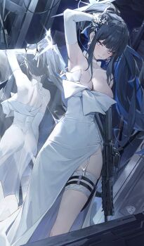 1girl absurdres armpits black_hair blue_archive blue_eyes blue_hair blue_halo blush breasts building choker dress english_text garter_straps gloves gun halo highres large_breasts legband long_dress looking_at_viewer machine_gun mirror multicolored_hair netural night night_sky official_alternate_costume ponytail saori_(blue_archive) saori_(dress)_(blue_archive) sky solo standing two-tone_hair weapon white_gloves