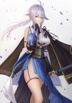 1girl absurdres animal_ears asymmetrical_clothes azur_lane bare_shoulders black_gloves blue_skirt breasts cape female_focus fluffy fox_mask gloves highres holding holding_sword holding_weapon large_breasts long_hair looking_at_viewer mask multiple_tails petals purple_eyes sheath sheathed side_cape simple_background single_glove skirt sleeveless solo sword tail thigh_strap tosa_(azur_lane) unworn_mask weapon you