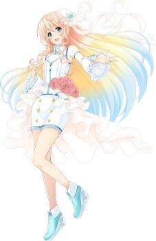 1girl aqua_eyes aqua_shoes blonde_hair blue_hair breast_cutout butterfly_brooch butterfly_hat_ornament buttons corsage detached_sleeves double-breasted double_helix dress dress_under_shirt flower frilled_sleeves frills full_body gradient_hair haruno_sora hat hat_ornament jewelry long_hair mini_hat mole mole_under_mouth multicolored_hair official_alternate_costume official_art open_mouth orange_hair outstretched_hand overskirt pencil_dress pink_flower pink_rose ribbon rose second-party_source see-through_clothes see-through_frills see-through_overskirt see-through_ribbon shirt shoes sidelocks simple_background sleeveless sleeveless_dress smile solo standing standing_on_one_leg teeth thick_eyebrows umetani_atarou undershirt upper_teeth_only very_long_hair vocaloid voiceroid white_background white_dress white_hat white_overskirt white_ribbon white_shirt white_sleeves