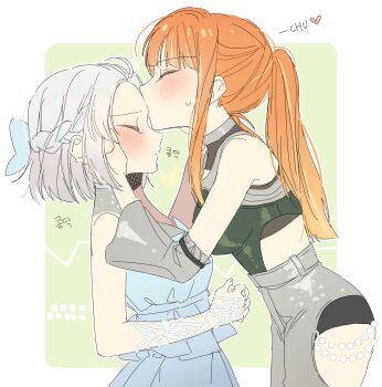 2girls absurdres blue_dress blush braid breasts closed_eyes commentary_request dress face-to-face from_side gakuen_idolmaster grey_hair grey_pants hands_on_another's_face hano9789 heart highres idolmaster katsuragi_lilja kiss kissing_forehead korean_commentary multiple_girls orange_hair pants ponytail profile shiun_sumika standing yuri