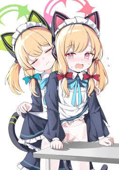2girls :3 @_@ absurdres animal_ear_headphones animal_ears apron black_dress black_tail blonde_hair blue_archive blue_ribbon blush bow cat_ear_headphones cat_ears cat_tail chinese_commentary closed_eyes closed_mouth clothes_lift collared_dress commentary_request contrast_collar crotch_rub dress dress_lift facing_viewer fake_animal_ears fake_tail fang female_masturbation frilled_dress frills front-to-back green_bow green_halo hair_bow halo head_tilt headphones highres lifting_another&#039;s_clothes long_hair long_sleeves looking_at_another looking_back low-tied_sidelocks maid maid_apron maid_headdress masturbation midori_(blue_archive) midori_(maid)_(blue_archive) momoi_(blue_archive) momoi_(maid)_(blue_archive) multiple_girls navel neck_ribbon no_panties nose_blush open_mouth pantyhose parted_bangs pink_eyes pink_halo puffy_long_sleeves puffy_sleeves pussy pussy_juice red_bow ribbon siblings sidelocks simple_background sisters skin_fang smile standing sweat table table_humping tail tearing_up thighband_pantyhose torchcho torn_clothes torn_pantyhose twins twintails uncensored white_apron white_background white_headdress white_pantyhose