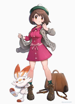 Rule 34 | 1girl, 1other, absurdres, blush, boots, breasts, brown bag, brown boots, brown eyes, brown hair, buck teeth, cardigan, closed mouth, collarbone, commentary request, dress, full body, gen 8 pokemon, gloria (pokemon), gonzarez, green hat, green socks, grey cardigan, hat, highres, long sleeves, medium breasts, nintendo, open cardigan, open clothes, parted lips, pink dress, plaid clothes, plaid socks, pokemon, pokemon (creature), pokemon swsh, red eyes, scorbunny, short hair, simple background, smile, socks, standing, tam o' shanter, teeth, white background