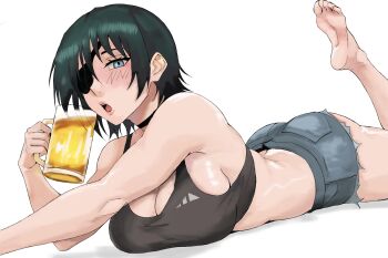 1girl alcohol aqua_eyes beer beer_mug black_bra blush bra breasts chainsaw_man cleavage commentary cup denim denim_shorts eyepatch feet green_hair highres himeno_(chainsaw_man) holding holding_cup leg_up looking_at_viewer lying mole mole_on_breast mug on_stomach open_mouth shisoa short_shorts shorts simple_background soles solo sports_bra toes underwear white_background