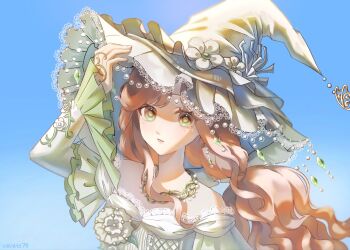 1girl bead_necklace beads blue_sky bow brooch brown_hair butterfly_hat_ornament commentary day dot_nose dress english_commentary expressionless eyelashes facial_tattoo floating_hair flower flower_brooch flower_tattoo frilled_headwear frilled_sleeves frills gem green_dress green_eyes green_gem green_hat green_pupils hand_on_headwear hat hat_bow hat_flower hat_ornament highres infinity_nikki jewelry lace lace-trimmed_dress lace-trimmed_headwear lace_trim layered_sleeves light_blush lips long_hair long_sleeves necklace nikki_(series) off-shoulder_dress off_shoulder outdoors parted_lips rainfall_&amp;_blossoms_(infinity_nikki) short_over_long_sleeves short_sleeves sidelocks signature sky solo tattoo upper_body violatte73 wavy_hair white_bow white_flower wind witch