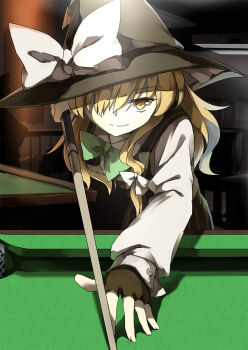 1girl billiards black_dress black_gloves blonde_hair bow cue_stick dena.ei dress female_focus fingerless_gloves gloves hair_over_one_eye hat hat_bow highres kirisame_marisa long_sleeves looking_at_viewer queue shirt smile smirk solo touhou witch_hat yellow_eyes
