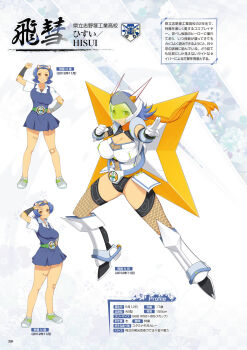 1girl bandage_on_nose blue_hair breasts brown_eyes character_profile closed_mouth dark-skinned_female dark_skin english_text fishnet_thighhighs fishnets game_cg highres hisui_(senran_kagura) large_breasts leotard multiple_views non-web_source official_alternate_costume official_art open_mouth orange_scarf parted_bangs scarf senran_kagura senran_kagura_new_wave short_hair shuriken smile tan thighhighs transforming_clothes translated weapon