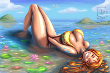1girl 2025 alternate_costume arm_tattoo artist_logo bikini bird blue_sky blue_tattoo breasts closed_eyes cloud dated day earrings grin jewelry large_breasts lily_pad logo lying metalytar nami_(one_piece) ocean on_back one_piece orange_hair outdoors partially_submerged pearl_earrings seagull shoulder_tattoo sky smile solo swimsuit tattoo water yellow_bikini