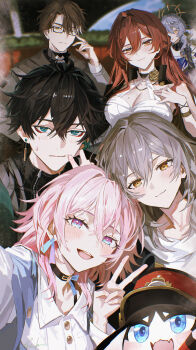 Rule 34 | 1other, 3boys, 3girls, absurdres, astral express (honkai: star rail), black-framed eyewear, black hair, black jacket, blue eyes, blue hair, blue jacket, blush, breasts, cheek squash, cleavage, closed mouth, commentary request, crossed bangs, dan heng (honkai: star rail), dan heng (hunt) (honkai: star rail), dress, glasses, gradient hair, grey hair, hair between eyes, hair intakes, hat, head wings, highres, himeko (honkai: star rail), honkai: star rail, honkai (series), jacket, large breasts, leaning on person, long hair, looking at viewer, march 7th (honkai: star rail), march 7th (preservation) (honkai: star rail), medium hair, mole, mole on breast, multicolored hair, multiple boys, multiple girls, nanjo maya, open mouth, pink eyes, pink hair, pom-pom (honkai: star rail), red eyes, red hat, selfie, shirt, smile, stelle (honkai: star rail), sunday (honkai: star rail), trailblazer (honkai: star rail), v, welt yang, white dress, white hair, white shirt, white wings, wings, yellow eyes