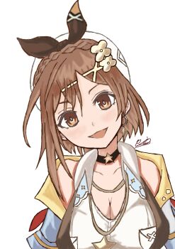 1girl atelier_(series) atelier_ryza atelier_ryza_3 beret braid breasts brown_eyes brown_hair brown_vest choker cleavage clover_hair_ornament collarbone crown_braid earrings floating_earrings hair_ornament hairclip hat highres jewelry large_breasts multiple_necklaces necklace piotetsu reisalin_stout short_hair smile solo star_(symbol) star_choker star_earrings star_necklace upper_body vest white_hat x_hair_ornament