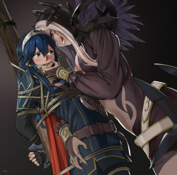 2girls arms_behind_back aversa_(fire_emblem) bdsm blush bondage bound bound_legs breasts cleavage cleave_gag cloth_gag fire_emblem fire_emblem_awakening gag gagged groping improvised_gag licking_lips lucina_(fire_emblem) molestation multiple_girls navel nintendo peril restrained sharpffffff shibari stomach tongue tongue_out yuri