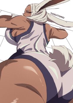 1girl absurdres animal_ears artist_name ass ass_focus bare_shoulders boku_no_hero_academia commentary_request from_behind highres leotard long_eyelashes long_hair looking_at_viewer looking_back lying mirko muscular muscular_female on_stomach rabbit_ears rabbit_girl rabbit_tail red_eyes simple_background solo tail taut_leotard white_background white_hair white_leotard yasutomo!_(akuasky)