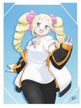 1girl beatrice_(re:zero) black_pants blonde_hair blue_eyes blush cosplay drill_hair hair_ribbon highres jacket long_hair looking_at_viewer miarin141 open_mouth pants pink_ribbon re:zero_kara_hajimeru_isekai_seikatsu ribbon shirt sidelocks smile solo symbol-shaped_pupils t-shirt track_jacket twin_drills twintails white_shirt