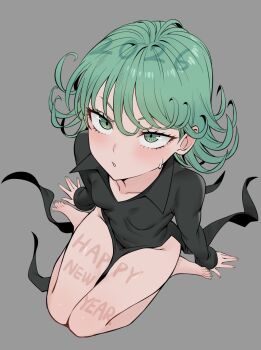 1girl 2026 :o bare_legs barefoot black_dress breasts bygin collarbone collared_dress curly_hair dress from_above green_eyes green_hair grey_background happy_new_year highres new_year one-punch_man parted_lips seiza short_hair simple_background sitting small_breasts solo tatsumaki thighs