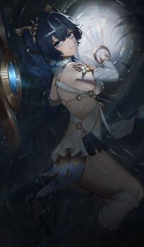 1girl absurdres ancient_greek_clothes armlet bare_shoulders black_skirt blue_eyes blue_hair closed_mouth commentary from_above greco-roman_clothes hair_belt highres iuno_(wuthering_waves) jewelry laurel_crown leg_wrap looking_at_viewer looking_to_the_side looking_up lying miniskirt multicolored_hair on_side orlandous skirt solo streaked_hair thighs wet wuthering_waves