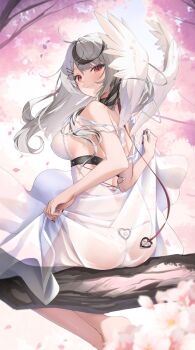 1girl alternate_costume ass backless_dress backless_outfit barefoot black_collar black_hair braid breasts cherry_blossoms clothes_lift collar day dress dress_lift falling_petals feathered_wings floating_hair frilled_dress frills grey_hair hair_ornament hairclip hashtag-only_commentary heart heart_o-ring highres hino_kagutsuki hololive lace lace-trimmed_dress lace_panties lace_trim large_breasts long_dress long_hair looking_at_viewer looking_back multicolored_hair o-ring o-ring_bottom o-ring_panties outdoors panties petals red_eyes red_nails sakamata_chloe see-through_clothes see-through_dress side_braid sideboob sitting sitting_on_branch sleeveless sleeveless_dress solo strap_slip streaked_hair string_panties underwear virtual_youtuber white_dress white_panties white_wings wings x_hair_ornament