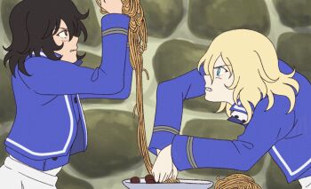 Rule 34 | 2girls, andou (girls und panzer), arsene lupin iii, bc freedom military uniform, black hair, blonde hair, blue eyes, blue jacket, blue sweater, blue vest, brown eyes, castle of cagliostro, clenched teeth, dark-skinned female, dark skin, dress shirt, food, from side, girls und panzer, girls und panzer saishuushou, highres, jacket, jigen daisuke, long sleeves, looking at another, lupin iii, meatball, medium hair, messy hair, mito (mitotank), multiple girls, necktie, oshida (girls und panzer), parody, pasta, scene reference, shirt, spaghetti, spaghetti and meatballs, striped necktie, sweater, teeth, vest, white shirt