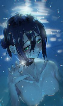 1girl absurdres black_choker black_hair blush breasts chainsaw_man choker collarbone commentary_request completely_nude double-parted_bangs green_eyes grenade_pin hair_between_eyes highres medium_breasts nude partially_submerged pool reze_(chainsaw_man) sidelocks smile spacetazune