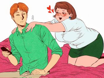 Rule 34 | 1boy, 1girl, animification, blush, borderline7839, breasts, brown eyes, brown hair, commentary, controller, earrings, family guy, genderswap, genderswap (ftm), genderswap (mtf), glasses, green eyes, green skirt, heart, highres, holding, holding controller, holding remote control, husband and wife, jewelry, kneeling, lois griffin, medium breasts, miniskirt, orange hair, pencil skirt, peter griffin, plump, remote control, sitting, skirt, sleeves rolled up, untranslatable commentary