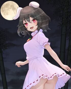 1girl absurdres animal_ears ass bamboo bare_arms black_hair blush breasts carrot_necklace collar commentary dress frilled_collar frilled_sleeves frills full_moon highres inaba_tewi jewelry long_eyelashes looking_at_viewer lop_rabbit_ears medium_breasts moon necklace night no_panties pink_dress rabbit_ears rabbit_girl red_eyes short_hair short_sleeves smile solo sugar_you touhou twisted_torso