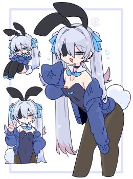 1boy :3 angry animal_ear_hairband animal_ears armpit_crease bandaid bandaids_on_nipples black_choker black_hairband black_leotard black_pantyhose blue_bow blue_bowtie blue_cardigan blue_eyes blue_hair blue_shoes blush bow bowtie cardigan choker closed_mouth collarbone colored_tips commentary covered_navel cowboy_shot crossdressing crossdressing_(mtf) detached_collar double-parted_bangs earclip eyepatch fake_animal_ears fake_tail fang feet_out_of_frame flipped_hair frown full_body hair_between_eyes hair_bow hair_intakes hairband hand_on_own_hip hand_up hands_on_own_knees heart high_heels highleg highleg_leotard highres knees_up leaning_forward leotard light_blush long_hair long_sleeves looking_at_viewer male_focus male_playboy_bunny multicolored_hair multiple_views narrowed_eyes no_nose off_shoulder one_eye_covered op_na_yarou open_cardigan open_clothes open_mouth original pantyhose pasties playboy_bunny quad_tails rabbit_ear_hairband rabbit_ears rabbit_tail reclining red_hair rigel_(op_na_yarou) shoes sidelocks simple_background skin_fang sleeves_past_fingers sleeves_past_wrists standing straight_hair strapless strapless_leotard tail trap v v-shaped_eyebrows very_long_hair watermark white_background white_hair