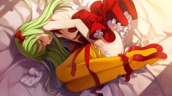 1girl blush bow breasts clothes_pull eiyuu_senki female_focus female_masturbation game_cg green_eyes green_hair hair_bow legs long_hair long_legs lying marco_polo_(eiyuu_senki) masturbation matching_hair/eyes nipples on_side ooyari_ashito orange_pantyhose panties panty_pull pantyhose pantyhose_pull side-tie_panties small_breasts solo sweat tenco thighs tissue top_pull underwear white_panties
