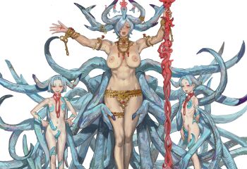 3girls absurdres blood blue_hair breasts commentary commission covered_erect_nipples covered_pussy covering_breasts covering_privates crown english_commentary flat_chest gold gold_necklace high_detail highres holding holding_legs holding_weapon horns jewelry large_breasts mossacannibalis multiple_girls multiple_others multiple_tails necklace nipples open_mouth organs original puffy_nipples red_eyes size_difference smile tail tongue weapon white_background