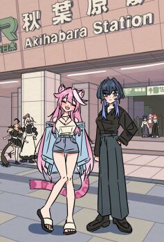 animal_ears apron black_shoes cecilia_immergreen collared_shirt commentary dress full_body gigi_murin holojustice hololive hololive_english holomyth klefpto long_hair long_sleeves maid maid_apron mori_calliope multiple_girls ninomae_ina&#039;nis ouro_kronii panther_ears panther_girl pants puffy_short_sleeves puffy_sleeves raora_panthera shirt shoes short_sleeves symbol-only_commentary tail takanashi_kiara virtual_youtuber