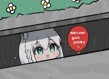 1girl :3 animal_ear_fluff animal_ear_piercing animal_ears aqua_eyes balloon braid commentary_request fox_ears fox_girl hololive kumarang rain shirakami_fubuki single_braid solo virtual_youtuber white_hair