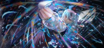 Rule 34 | 1girl, adapted costume, arrow (projectile), artist request, bamboo, bamboo forest, blue hat, blue skirt, bow (weapon), braid, closed mouth, cross, drawing bow, forest, game cg, grey hair, hat, holding, holding arrow, holding bow (weapon), holding weapon, long hair, nature, non-web source, nurse cap, official art, orange eyes, red cross, red skirt, see-through clothes, see-through sleeves, self-datamine, skirt, smile, solo, touhou, touhou gensou eclipse, two-tone skirt, very long hair, weapon, yagokoro eirin