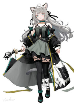 1girl absurdres ahoge animal_ears arknights black_ribbon black_thighhighs breasts cat_ears cat_tail commentary_request full_body grey_hair highres holding infection_monitor_(arknights) long_hair looking_at_viewer mint_(arknights) off_shoulder ribbon simple_background small_breasts solo tail thighhighs welt_(kinsei_koutenkyoku) white_background