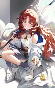 1girl ahoge apple arknights brown_hair commentary_request flag food fruit green_eyes grin highres holding holding_flag long_hair long_sleeves looking_at_viewer midriff mogurine mole mole_under_eye mole_under_mouth myrtle_(arknights) navel one_eye_closed pointy_ears shoes smile socks solo white_flag white_shoes